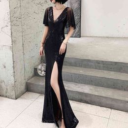 Women Evening Party Dress Black Gold Green Sequined Mesh Patchwork V Neck Halter Split Short Sleeve Maxi D2197 210514