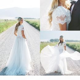 Vintage Short Sleeves Country Wedding Dresses Lace Applique Beaded Sweep Train Tulle Scoop Neck Custom Made Bridal Gown Plus Size vestido de novia