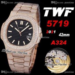 2021 TWF 5719 Cal A324 Automatic Mens Watch 18K Rose Gold Paved Diamonds Black Texture Dial Iced Out Diamond Bracelet Super Edition Jewellery Watches Puretime D04