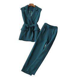 Professional women's sleeveless suit pants Fall high quality slim fit ladies blazer Temperament wide leg trousers two-piece 210527