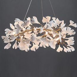 Nordic Ceramic Ginkgo Petal Staircase Chandelier El Lobby High-end Villa Corridor Art Restaurant Pendant Lamps