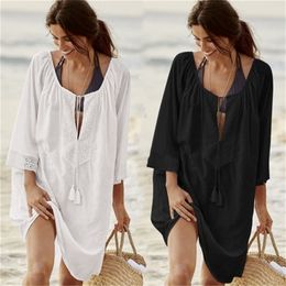 Lace Patchwork Tassel Drawsring Cotton Beach Dress Summer Vacation Womens Cover Ups Casual Loose Black Swimsuit Up 210604