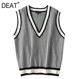 [DEAT] Women Loose Lattice V-neck Sleeveless Knitting Pullover Casual Vest Sweater Spring Autumn Fashion 13C318 210527