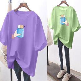 Summer Women's Loose Fat Mm Large Size T-shirt Cartoon Printing Tees Cotton Short-sleeved Tops Female Ins GD403 210506