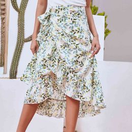 Fashion print Bohemian Women's skirts Spring Summer high waist ruffles knee length chiffon holidays beach 210524