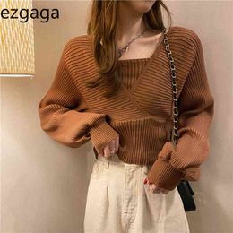 Ezgaga Cropped Sweater Women Fashion Fake Two V-Neck Loose Outwear Pullover Stretch Vintage Knit Tops Solid Ladies Jumper 210430