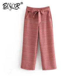 Women elegant houndstooth plaid Wide leg pants women pockets belt decorate female casual cozy trousers pantalones 210430