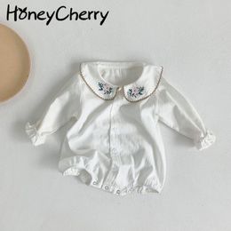Spring baby romper embroidery round neck onesies solid color girl clothes 210515