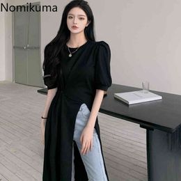 Nomikuma Irregular Split Design T Shirt Dress Women O Neck Short Sleeve Solid Colour Casual Dresses Female Summer Robe Femme 210514
