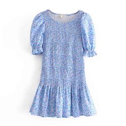 PUWD Sweet Women O Neck Lotus Sleeve Dress Summer Fashion Ladies Beach Style Cute Female Blue Floral Mini 210522