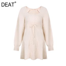 DEAT New Spring And Summer Fashion Casual Dress Women's Puff Lantern Long Sleeve Waist Solid Color Loose Bow SH419 210428