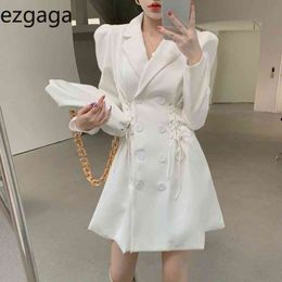 Ezgaga Office Lady Elegant Dress Tender French Style High Waist Double Breasted Drawstring Solid Women Dresses Fashion Vestidos 210430