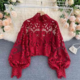 Sexy Lace Hollow Out Short Blouse Casual Lantern Long Sleeve Stand Collar Shirts Female Elegant Red/Pink/White Loose Tops 210719
