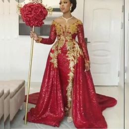 Burgundy Overskirts Evening Dresses african Full Sleeves V Neck Gold Lace Appliques Plus Size Prom Dress Arabic Dubai robe de soirée