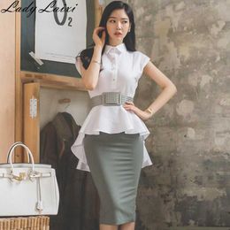 Summer Two Piece set Slim Swallowtail White Blouse+Bodycon Midi Skirt Office Cloth Belt Peplum Work skirt Suit 210529