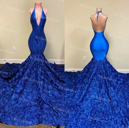Real African Mermaid Prom Dresses With Appliqes Sequins Halter V Neck Sexy Backless Plus Size Formal Special Occasion Skirt Elegant Royal Blue Evening Gowns