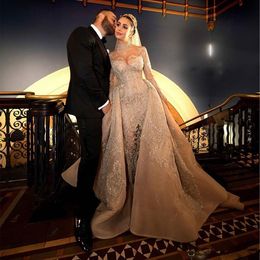 Luxury Arabic Champagne Mermaid Wedding Dresses With Detachable Train High Neck 3D Lace Long Sleeves Bridal Gowns Bling robe de ma2223