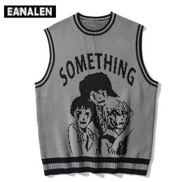 Japanese cartoons animation knitted sweater vest men's contrast Colour sleeveless pullover women Harajuku retro street clothing 211014