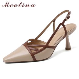 Meotina Women Sandals High Heel Cow Leather Shoes Pointed Toe Genuine Leather Footwear Female Thin Heels Buckle Sandals Apricot 210520