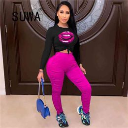 Arrival Casual 2 Piece Pants Set Women Workout Clothes Mouth Printed Long Sleeve Top Stacked Leggings Jogger Suit 210525