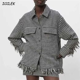 Za Women Shirts Oversize Houndstooth Jacket coats With Pocket Female Vintage Plaid Jacket Spring Tassel Coat TRF Mujer 211109