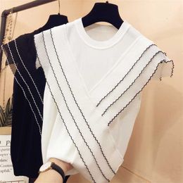 Three-layer ruffles chiffon patchwork ice silk knitted sweater women Korean o-neck thin pullover black white tops summer 211018