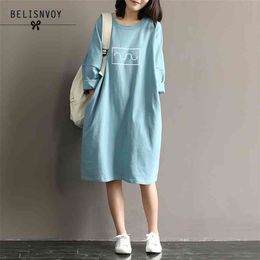 Summer Autumn Women Cotton T-shirt Dresses Mori Girl Style Loose O-neck Batwing Sleeve Midi Long Dress Robe Femme Vestidos 210520