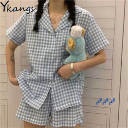 Korean Plaid Sleepwear Summer Pajamas For Women Girls Short Sleeve Homewear Two Piece Set Thin Pijamas Nighty Lounge Wear 210619