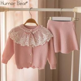 Humor Bear Autumn Winter Children's Sweater Set Girls' Lace Solid Color Long +Short Skirt 2PCS Girls Clothes Suit 211025