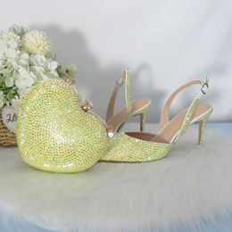 Sandals Yellow Crystal Pointed Toe Bridal Wedding Shoes And Heart Bag Ladies Party Dress Thin Heels Women's High Heel Handbag