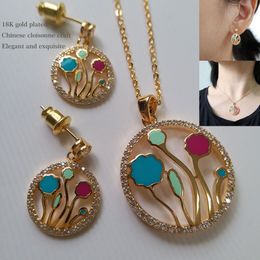 Exquisite blue floral enamel jewelry set for women Chinese cloisonne flower pendant necklace and earrings sets