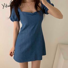 Yitimuceng Denim Dresses for Women Summer Backless Sexy Korean Fashion Mini Dress Short Puff Sleeve A-Line Blue Sundress 210601