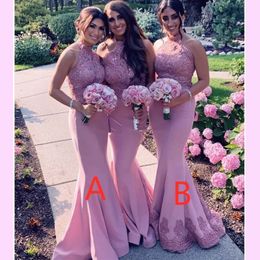 Sexy Blush Pink Lace Appliqued Mermaid Bridesmaid Cheap Halter Backless Wedding Guest Gown Long Formal Party Evening Prom Dresses 328 328