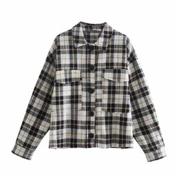 women check overshirt Vintage Pockets Plaid Jacket Coat Fashion Lapel Collar Long Sleeve Loose Outerwear Chic Tops 210520