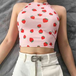 Fashion Women Summer Casual Tank Tops Vest Bandage Halter Camis Sleeveless Sexy Strawberry Printing Crop Top OMSJ 210517