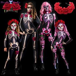 Halloween Scary Cosplay Skeleton Rose Sexy Women Devil Vampire Jumpsuit Party Carnival Scary Costume Baby Girl Day Of The Dead Y0903
