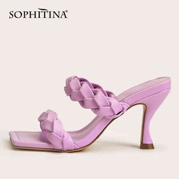 SOPHITINA Sandals Woman Mules Slipper Pink Young Straw Solid Slip On High Thin Heel Square Toe Offcie Lady Shoes PB67 210513