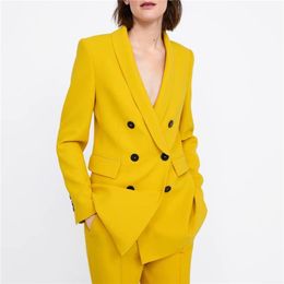 Women Elegant Yellow Blazers and Jackets Pockets Double Breasted Outerwear Office Lady Work Wear Chic Tops Suits Coat 211019