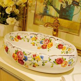 Oval shape Handmade chinese Style Porcelain Countertop Lavabo Bathroom basin Sink bowl ceramic artistic sinks