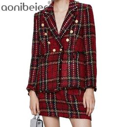 Spring Autumn Women Suits Plaid Skirt Set Double-Breasted Tweed Ladies Jacket Slim And Elegant Bust Two Piece 210604