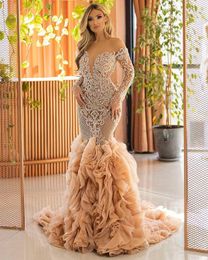 2021 Arabic Mermaid Prom Dresses Luxury Beading Sequined Ruffles Tiered Skirts Long Sleeve Women Plus Size Formal Evening Gowns