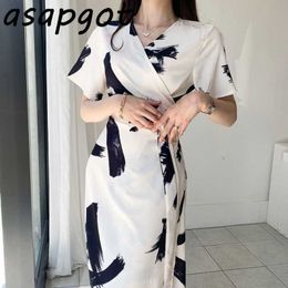 Summer Temperament Retro V Neck Short Sleeve Printing Ink Dress Women Chiffon Slim Bandage Waist Vestido De Mujer Korean 210610