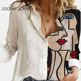 Jocoo Jolee Women Spring Summer Casual Loose Cartoon Printing Long Sleeve T-Shirt Botton Vintage Office Lady Polo-Neck 210619