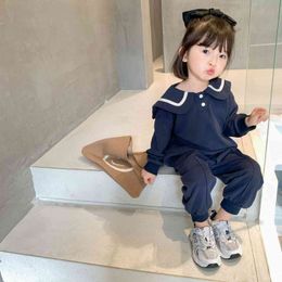 Autumn boys girls fashion sailor collar casual clothes sets Kids cotton long-sleeved sweatshirt and sweatpants tracksuits 210508