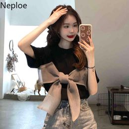 Neploe White Short-sleeve Shirt Women Summer Fashion Organza Bowknot Patchwork Tees Korean Loose O Neck Tshirt Tops Female 210422