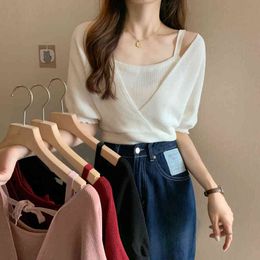 Summer Women Solid Sweater Full Puff Sleeve Connected Sweaters Pullovers Crop Tops Cropped Sweater Shirt For Female 210515