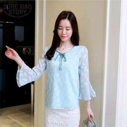 horn sleeve shirt female spring fashion Korean version of the wild round o-neck tie long-sleeved chiffon D538 30 210506