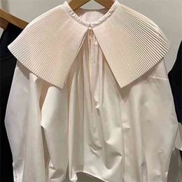 Nomikuma Korean Pleated Peter Pan Collar Women Shirt Autumn New Long Sleeve Pullover Blouse Causal Solid Top Blusas 6C610 210323
