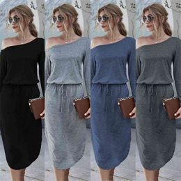 Sexy Slash Neck Long Sleeve Midi Asymetrical Dress Autumn Drawstring High Waist Loose Solid Colour Split T Shirt 210517