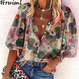 Fashion Floral Print Shirt Blouses Half Sleeve Turn-Down Collar Loose Ladies Tops Single Button Plus Size Summer beach Clothing 210513